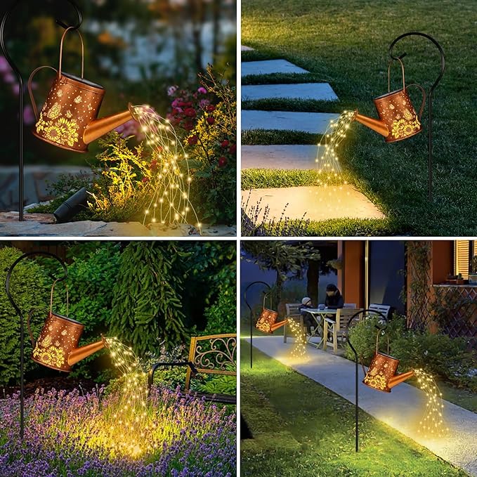 Solar Watering Can Light, Solar Powered Hanging Lantern Landscape Lights, Decorative Garden for Yard Waterproof Garden Decor, Gifts for Mom, Grandma（Sunflower + Butterfly）
