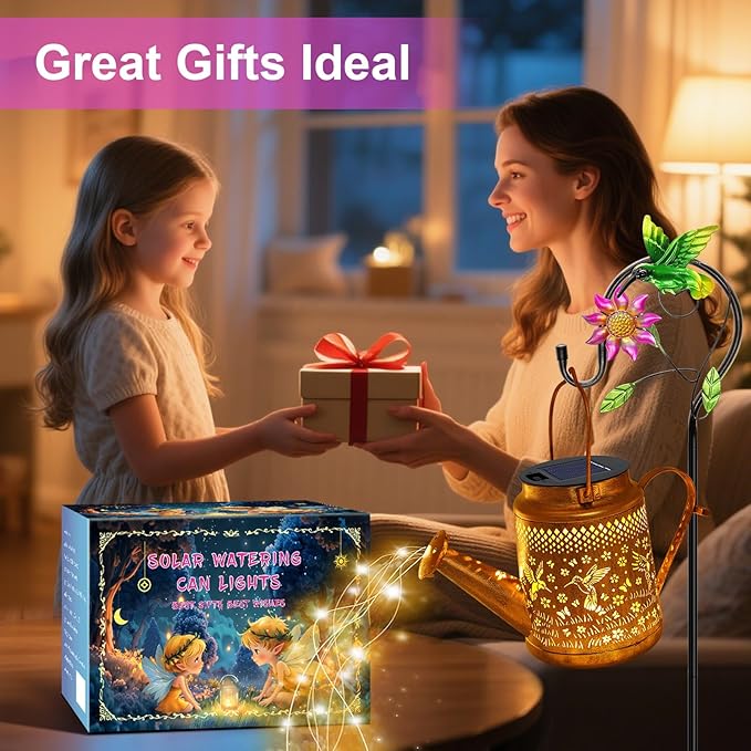 VOOKRY 2 Pack Hummingbird Metal Solar Watering Can Lights, Solar Lights Outdoor Waterproof, Birthday Gifts for Women Mom Grandma Christmas, Hanging Lanterns Garden Decor for Outside Yard Patio Lawn