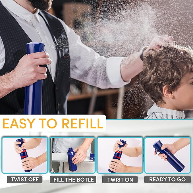 Hula Home Continuous Spray Bottle for Hair (10.1oz/300ml) Empty Ultra Fine Plastic Water Mist Sprayer – For Hairstyling, Cleaning, Salons, Plants, Essential Oil Scents & More - Blue