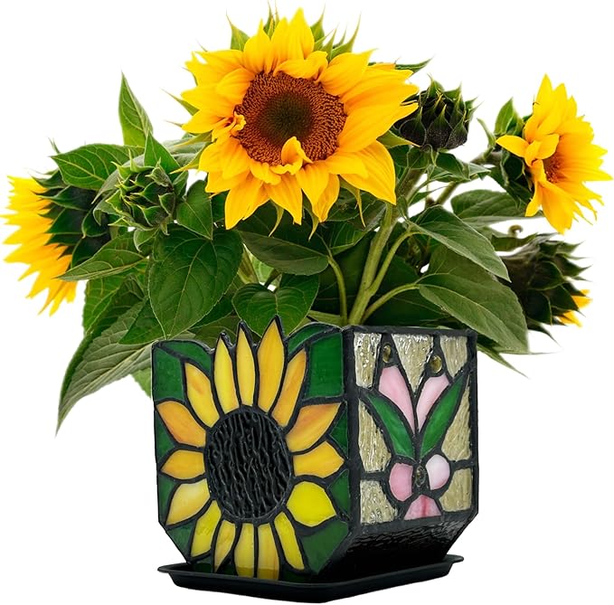 Stained Glass Sunflower Garden Planters,Indoor Plant Pots with Drainage,Unique Plant Pots for Dried Flowers,Sunflower Gifts,4.6 x 3 x 5.15 in