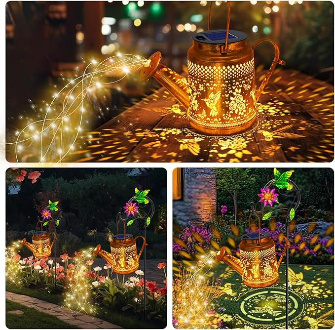 Solar Lanterns Outdoor Waterproof, Hummingbird Watering Can Garden Decor, Hanging Solar Path Lights Yard Art, Outside Patio Decoration Gardening Birthday Gifts for Mom Grandma Women with Shepherd Hook