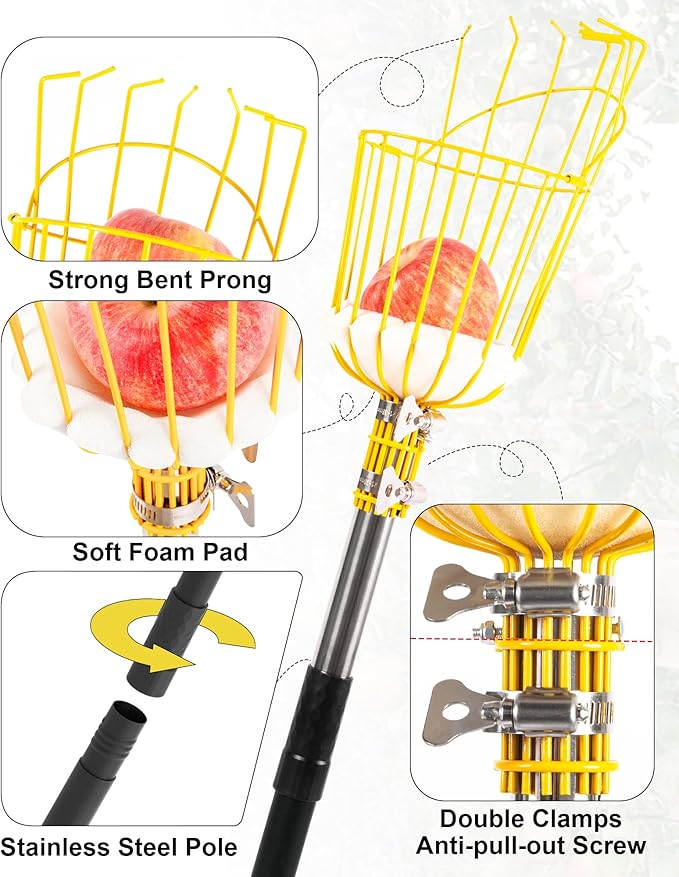 13.5FT Fruit Picker with Basket, Apple Picking Tool 35–161" Adjustable Pole, Long-Handle Mango Grabber, Tree Fruit Catcher for Harvesting Lemon Pear Orange Avocado Peach Citrus Grapefruit