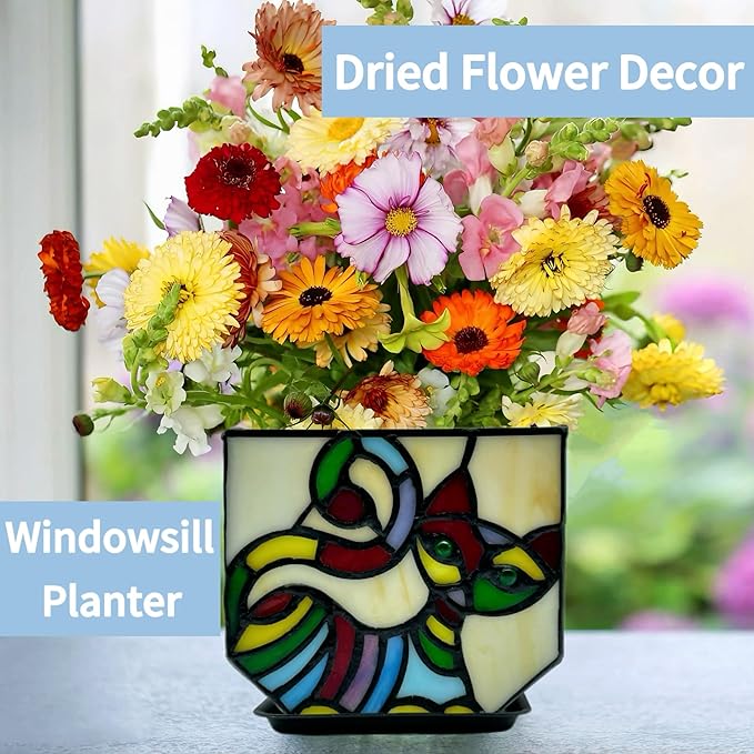 Stained Glass Cat Pot with Drainage,Cute Planters for Indoor Plants,Decorative Flower Pots,Gifts for Plant Lovers,4.6x3x5.15 in