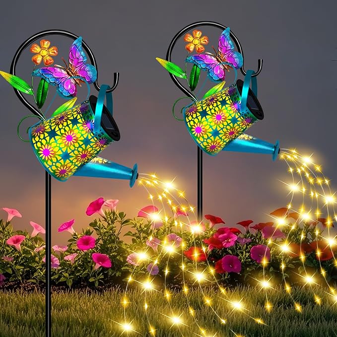 Solar Watering Can with Lights, Waterproof Solar Lantern with Butterfly Shepherd Hook, Hanging Garden Lights for Patio Yard Lawn Porch Outdoor Decoration 2 Pack