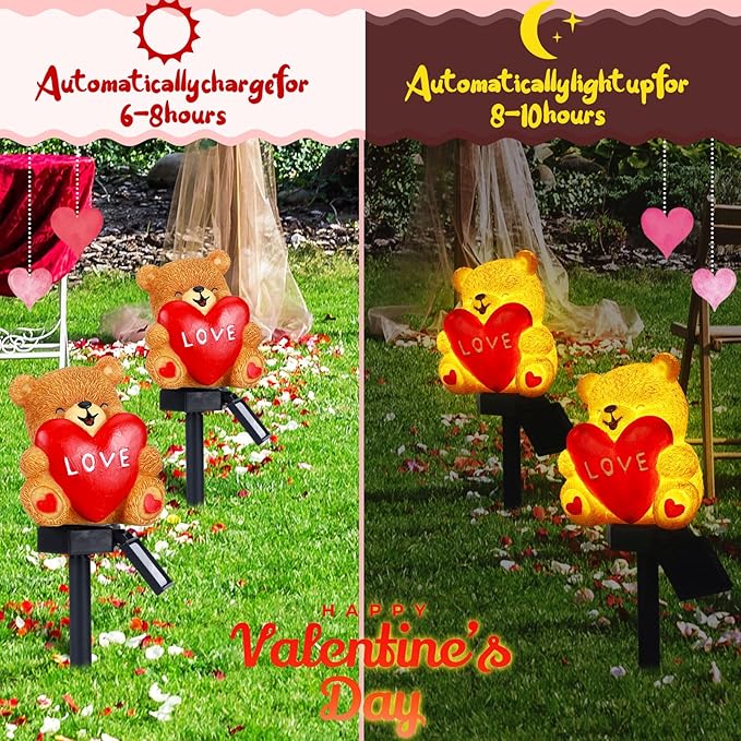 VIHOSE Valentine's Day Solar Bear with Heart Garden Stake Lights Love Themed Bear with Heart Outdoor Solar Lights Waterproof Statue Figurine Garden Art for Home Patio Outdoor Decoration