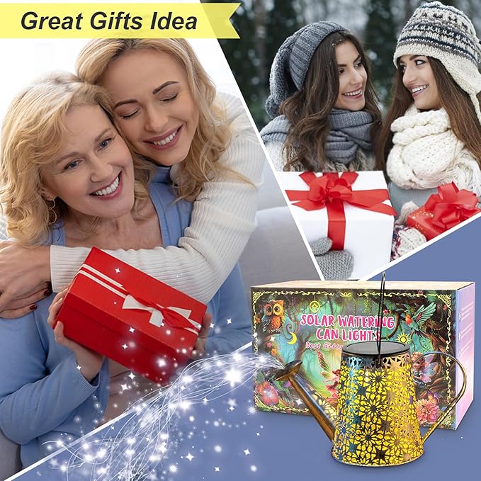 VOOKRY Watering Can with Lights, Large Hanging Solar Lights Outdoor Waterproof, Decorative Retro Metal Solar Garden Decor for Patio Yard Porch Lawn, Gardening Gifts for Mom Grandma Women Christmas