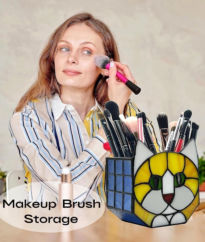 Stained Glass Cat Planter Pot with Drainage and Tray, Perfect for Succulents and Indoor Plants, Ideal Plant Gifts for Women and Orange Cat Lovers 4.6x5.15x3 in （Excluding Plants）