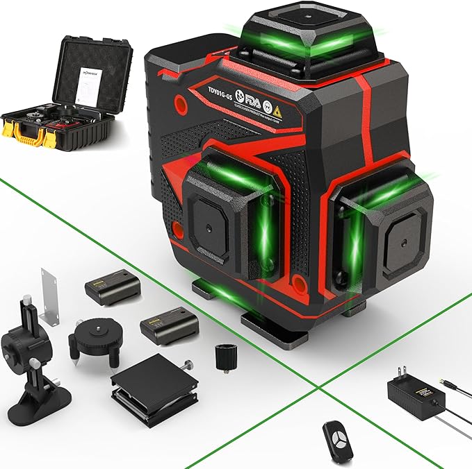 Tile Laser Level 360 Self Leveling - Floor 4 x 360 Green Beam Cross Line Laser Leveler Tool - 16 Lines Ceiling Nivel Laser for Construction - Hard-Sided Case and 2 Batteries