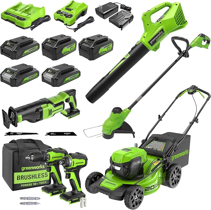 Greenworks 48V (24V x 2) Electric Lawn Mower Combo Kit - 20" Mower, 12" String Trimmer, 320 CFM Blower, 1/2" Drill, 1/4" Impact Driver, 1-1/8" Reciprocating Saw - 5 Batteries, 3 Chargers