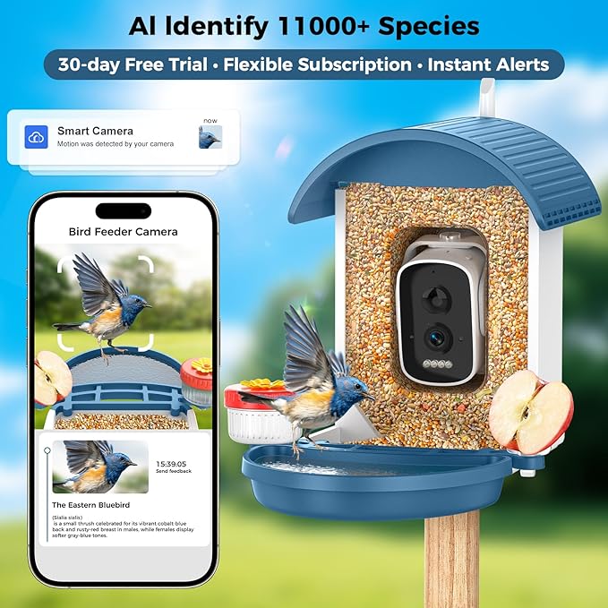 Bird Feeder with Camera, Smart Birdfeeder with Solar-Powered, 5MP AI Identify Birds 11000, Night Vision, Auto Record Video,Instant Notifications, Bird Feeders for Outdoors Yard with Water Bowl