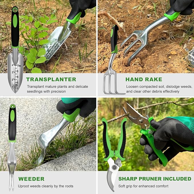 7-Piece Gardening Tools Set for Women, Heavy Duty Gardening Hand Tools, Outdoor Gardening Hand Tools with Non-Slip Green Rubber Handle. Indoor mini Gardening Potting Set (7) (Off-White)