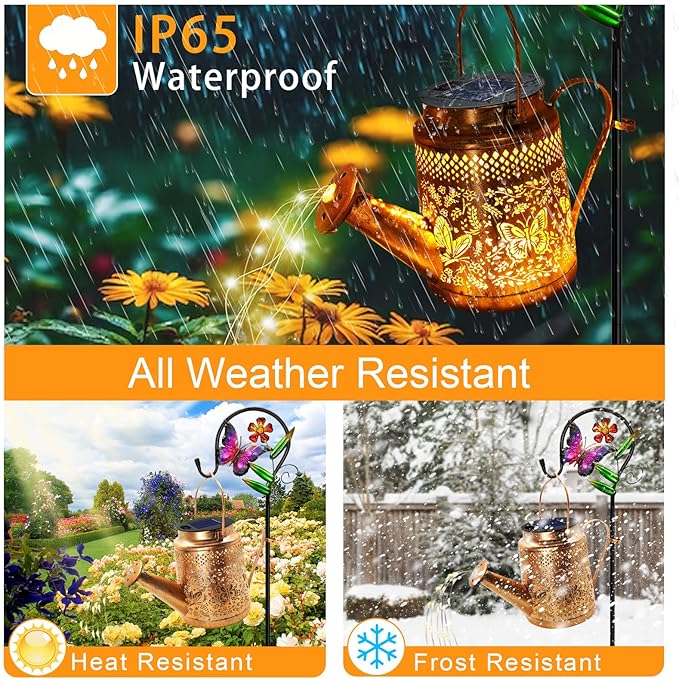 2 Pack Solar Powered Butterfly Watering Can Lights Waterproof Outdoor Decor with Shepherd Hook Hanging Patio Lights for Yard, Garden, Backyard Perfect Gardening Birthday Gift for Women, Mom, Grandma