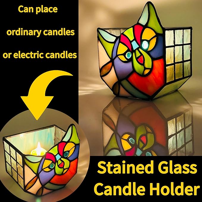 Tiffany Style Cute Cat Flower Pot with Drainage, Unique Stained Glass Indoor Plant Planter, Tiltable Cat Decor, Plant Lover Gifts for Women 4.6x3x5.15 in