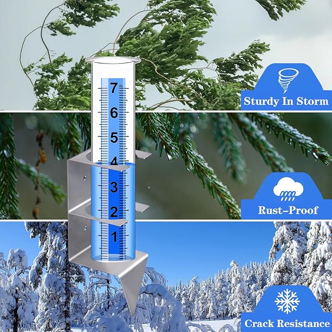 Rain Gauge Outdoor,7" Capacity Rain Gauge Outdoors Best Rated with Stainless Steel Mounting Rack Holder,Freeze Proof Plastic Large Rain Gauge for Yard Garden Fence Lawn Patio Farm (Silver)
