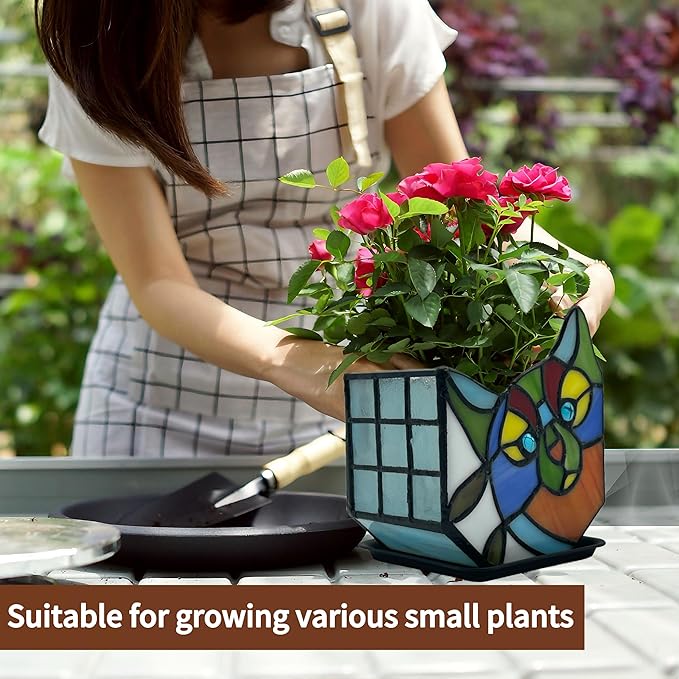 Tiffany Style Cute Cat Flower Pot with Drainage, Unique Stained Glass Indoor Plant Planter, Tiltable Cat Decor, Plant Lover Gifts for Women 4.6x3x5.15 in