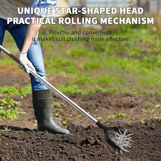 Rotary Garden Tool, Adjustable Hand Tiller, Long Handle Cultivator for Aerating, Weeding, Planting and Mixing Soil or Reseeding Grass