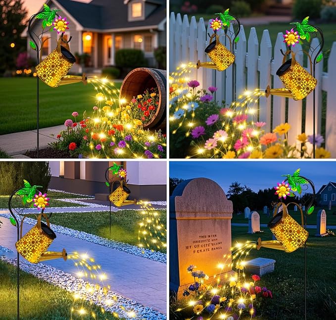 Solar Metal Watering Can with Hummingbird Shepherd Hook and Cascading Lights, Outdoor Solar Lantern for Garden, Yard, Patio Decor and Gardening Gifts for Women Mother's Day