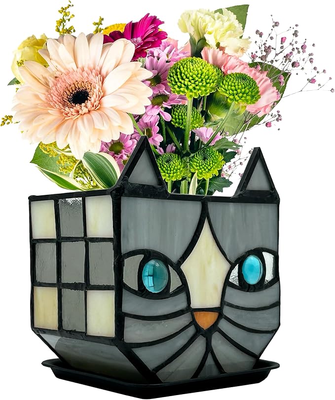 Unique Stained Glass Gray Cat Planter, Plant Pots Indoor,Indoor Flower Pots with Drainage,Window Sill Cat Decoration Gift,4.6x5.15x3IN
