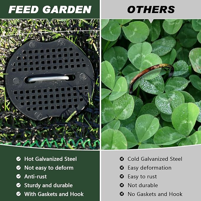 FEED GARDEN 6 Inch 100 Pcs Galvanized Landscape Staples 100 Pcs Gaskets Pick Hook Garden Stakes 11 Gauge Anti-Rust Landscaping Fabric SOD Pins U Shaped Yard Turf Stakes for Weed Barrier Fabric