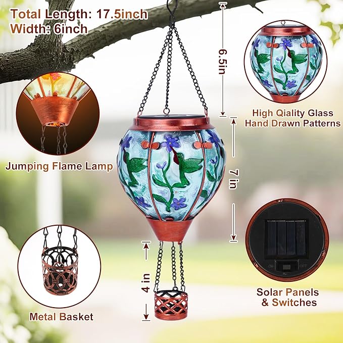 Hummingbird Solar Hot Air Balloon Lantern,Outdoor Decor with Flame Lights Waterproof, Hanging for Garden Yard Lawn Patio, Unique Gifts for Women Mom Grandma Gardener for Mother'Day Christmas