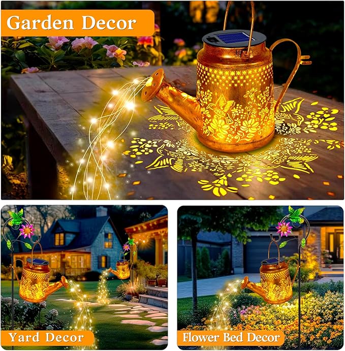 Solar Lanterns Outdoor Waterproof, Hummingbird Flower Watering Can Garden Decor, Hanging lights Path Lights Yard Patio Decorations Gardening Birthday Gift for Mom Grandma Girlfriend with Shepherd Hook