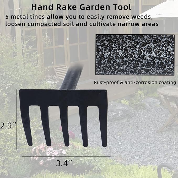 Hand Rake, Adjustable Handle Garden Small Rake Garden Tool, Heavy Duty Hand Tiller Cultivator with Soft Foam Grip, Mini Rakes for Weeding Tilling Soil Loosing Planting