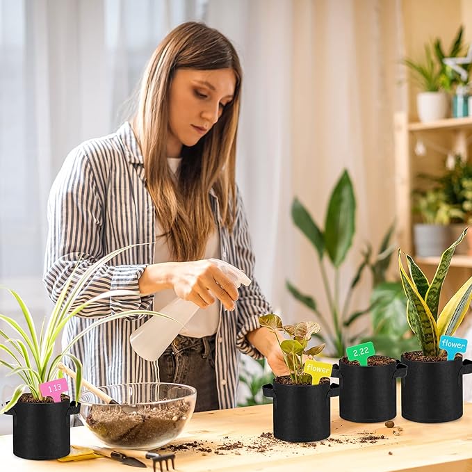 Nuanchu 50 Packs Grow Bags Small Aeration Fabric Pots Nonwoven Garden Bags Grow Pots Planter with 50 Pcs Plant Labels for Indoor Outdoor Plant Flower Planting Vegetable Growing (1 Gallon)