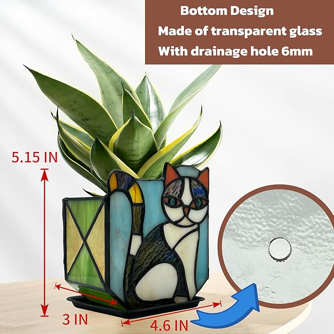 Handmade Stained Glass Indoor Plant Pot,Flower Pots with Drainage Holes,Black Orange Cat Planter Pot, Cute Succulent Pots,Plant Lover Gifts for Women (with a Gift Box)