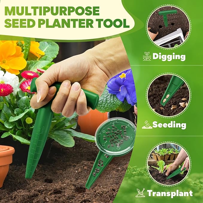Seed Planter Tool, 6.9" Dibber Garden Tool, Plastic Dibbler Tools for Planting, Seed Dispenser, Bulb Digger Garden Planter for Sowing Seeds, Bulbs, Digging (Dark Green)
