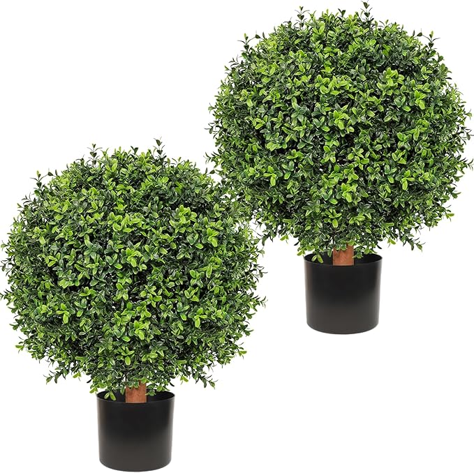 26 Inch Artificial Boxwood Ball Tree Outdoor – Set of 2 UV Resistant Faux Boxwood Topiary Trees, Fake Potted Shrubs Evergreen for Front Door Porch Patio Balcony Home Decoration