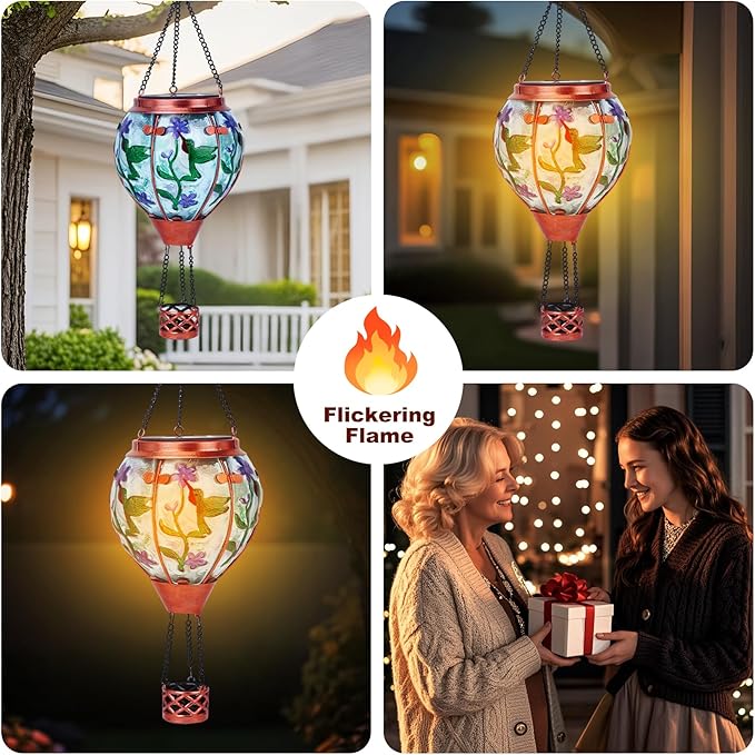 Hummingbird Solar Hot Air Balloon Lantern,Outdoor Decor with Flame Lights Waterproof, Hanging for Garden Yard Patio, Unique Gifts for Women Mom Grandma for Christmas