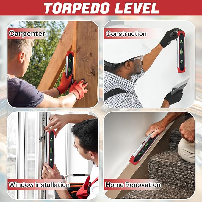 MELOTOUGH 9 Inch Torpedo Level Magnetic,Small Leveler Tool,Spirit Level with 45/90/180 Bubbles,V-Groove,Shock Resistant Leveler,Red