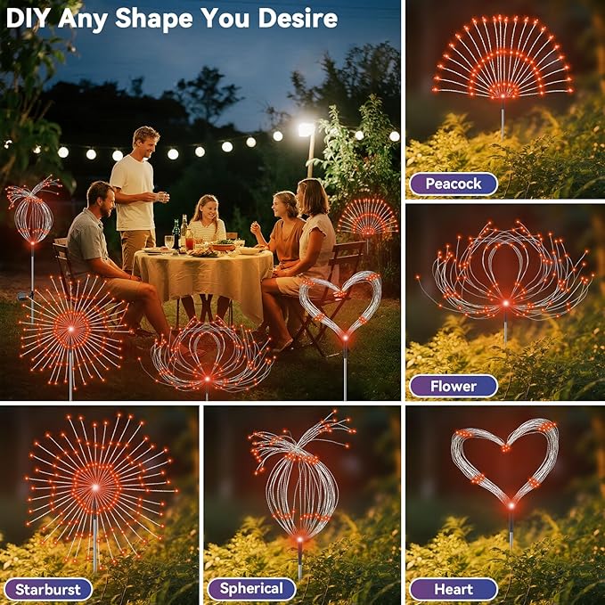 Garden Outdoor Lights, 2 Pack 120 LED Solar Garden Lights Fairy Lights Outdoor Waterproof Decorative Solar Firework Lights for Yard, Patio, Pathway, Flowerbed Party Wedding Decor, Orange