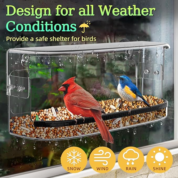 Ermete Window Bird Feeder with Strong Suction Cups, Large View Clear Feeder, Seed Tray, 13in x 5.5in x 4.2in for Outside Weather Proof (Style 1)