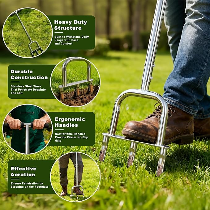 Manual Aerator Lawn Tool - Assembled Grass Aerator with 3 Hollow Tine, for Yard & Lawn Aeration(Hollow Tine Non-Replaceable)