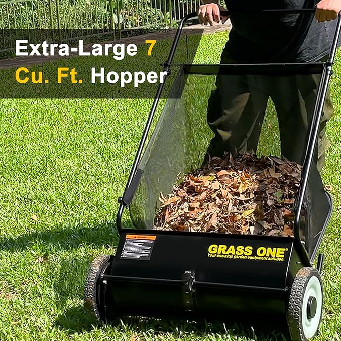 26 Inch Push Lawn Sweeper, Leaf and Grass Collector with 7 Cu.Ft Mesh Bag, 4 Spinning PP Brushes, Durable Steel Construction, Adjustable Height & Rubber Tires for Yard Cleanup