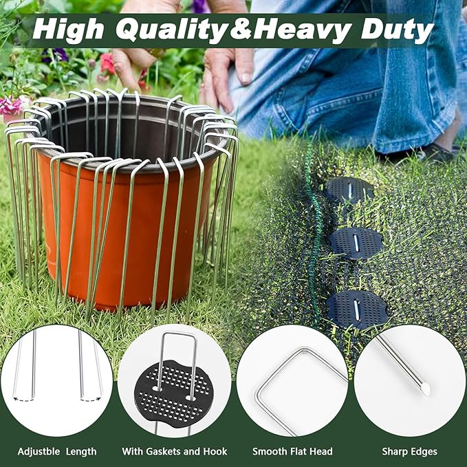FEED GARDEN 6 Inch 100 Pcs Galvanized Landscape Staples 100 Pcs Gaskets Pick Hook Garden Stakes 11 Gauge Anti-Rust Landscaping Fabric SOD Pins U Shaped Yard Turf Stakes for Weed Barrier Fabric
