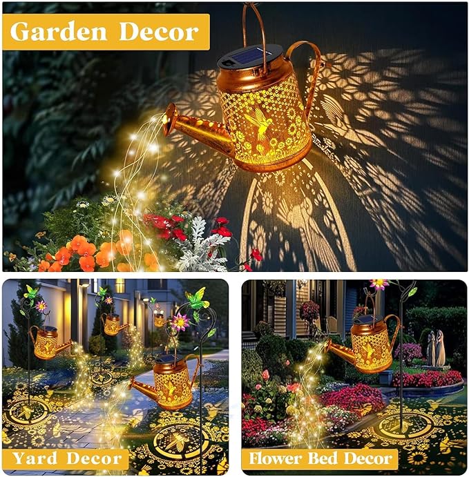 Solar Lanterns Outdoor, Hummingbird Sunflower Watering Can Lights, Waterproof Hanging Lanterns, Solar Path Lights, Outside Decoration Gardening Birthday Gifts for Mom Grandma Women with Shepherd Hook