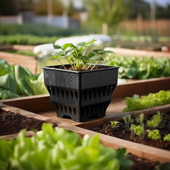 Seed Starter Pots with Tray, 8 Cell Reusable Square Nursery Pots for Seedlings with Drainage Holes, Indoor Outdoor Plastic Gardening Containers for Herbs, Flowers & Vegetables (Black)