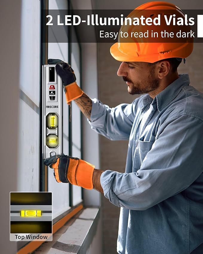 3-In-1 Spirit Level with 65ft Laser Distance Measure & 32ft Leveling Line, Firecore 9 Inch Torpedo Level Magnetic with Light, Rechargeable Small Digital Leveler Tool for Picture Hanging Construction