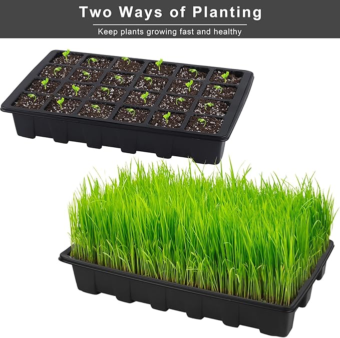 Elcoho 8 Pack 192 Cells Seed Starter Tray Kit Seedling Tray Propagator Plant Grow Tray with Humidity Dome and Base Plastic Planter for Greenhouse Germination Starter, 24 Cells per Tray, Black