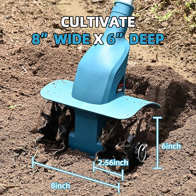 21v Cordless Tiller, 8-Inch Wide 4.0 Ah Battery Powered Garden Cultivator, Cultivator with Steel Tines and Battery Capacity Display, Rototiller for Lawn/Gardening/Soil Cultivation (Blue) by Shintyool