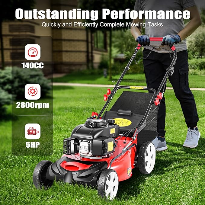 Self-Propelled Petrol Lawn Mower, 140cc 4-Stroke Petrol Engine Lawn Mower with 20-inch Blade, Walk-Behind Lawn Mower Cordless Push Lawn Mowers & Tractors with 60L Grass Tank Large Wheels 2800 RPM