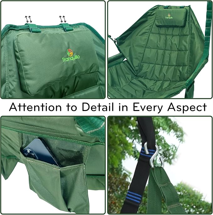 Tranquillo Hanging Hammock Chair, Patio Swing Chair, Outdoor Swing Chair with Headrest, Armrest, Cup Holders, Porch Swings Outdoor and Hammock Tree Straps, Net Moss Green