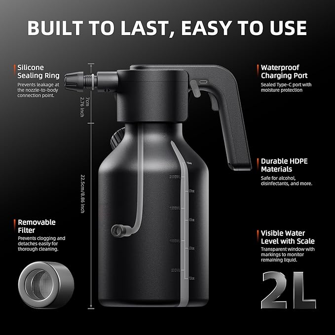 Spider Farmer Electric Spray Bottle 2L/0.5 Gallon, Portable Automatic Sprayer with Adjustable Nozzle and Measuring Cup, Type-C Rechargeable Plant Mister for Indoor & Outdoor Gardening and Cleaning