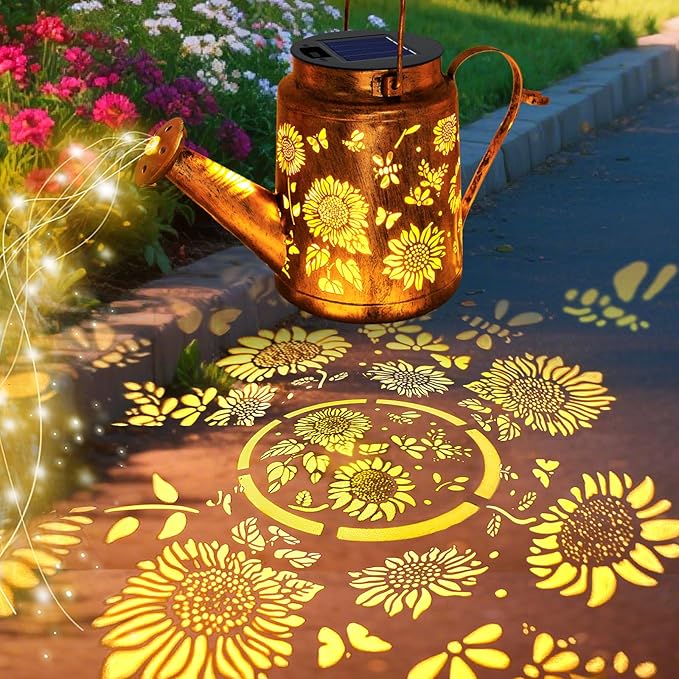VOOKRY 2 Pack Sunflower Metal Solar Watering Can Lights, Solar Lights Outdoor Waterproof, Birthday Gifts for Women Mom Grandma Christmas, Hanging Lanterns Garden Decor for Outside Yard Patio Lawn
