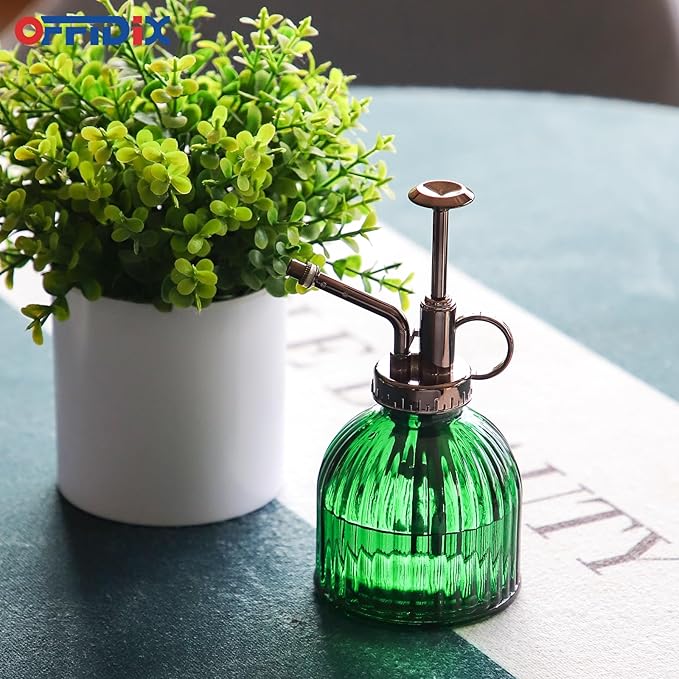 OFFIDIX Plant Mister Spray Bottle Glass Mister for Inside 6.3" Tall Vintage Style with Bronze Plastic Top Pump One Hand Watering Can for Indoor Potted Plants Terrariums Green