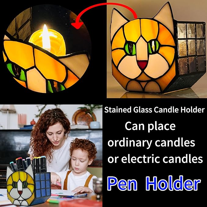 Stained Glass Cat Planter Pot with Drainage and Tray, Perfect for Succulents and Indoor Plants, Ideal Plant Gifts for Women and Orange Cat Lovers 4.6x5.15x3 in （Excluding Plants）