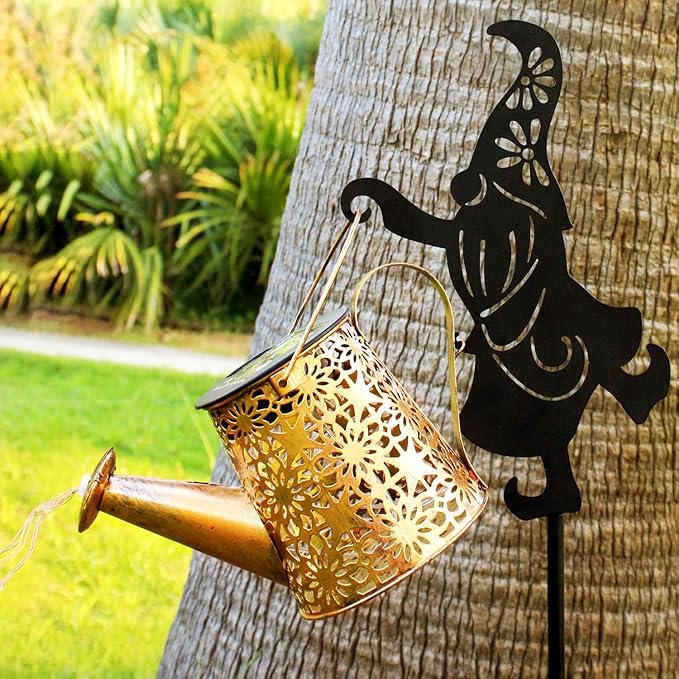 2Pack Solar Watering Can Lights,Waterproof Hollowed-Out Retro Metal Outdoor Lights with Fairy or Gnomes Accessories,Gifts for Mom Grandma Women Garden Patio Pathway Christmas Decor(Dwarf Style)