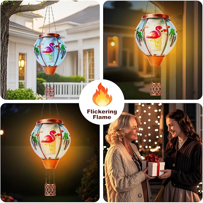 Flamingo Solar Hot Air Balloon Lantern, Outdoor Decor with Flame Lights Waterproof, Hanging Lights for Garden Yard Lawn Patio, Unique Gifts for Women Mom Grandma Gardener for Mother'Day